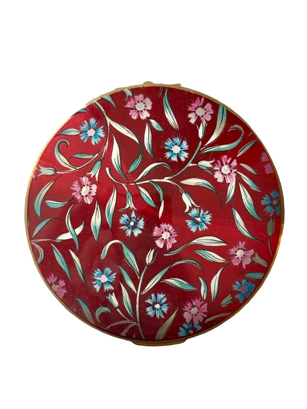 Vintage Mid Century Stratton Red Enamel Wildflower Floral Round Compact